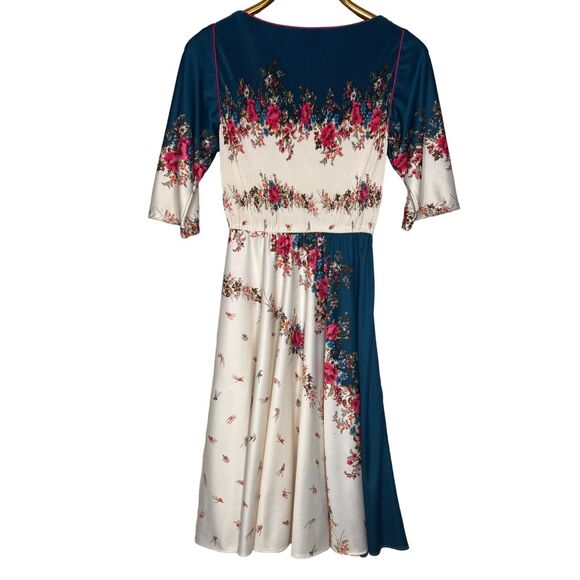 Vintage 70s Piccolo Size 4 Floral Dress Plisse Bodice Cotton Blend Disco - Picture 3 of 8